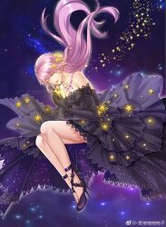  1girl absurdres ankle_ribbon anklet bare_legs bare_shoulders beads black_gloves chinese_commentary closed_eyes commentary_request dress elbow_gloves fetal_position floating floating_clothes floating_hair full_body gloves hair_beads hair_floating_upwards hair_ornament high_heels highres holding holding_star jewelry lace-trimmed_dress lace-trimmed_gloves lace_trim leg_ribbon light_particles long_dress long_hair necklace nikki_(nikki) nikki_(series) open_mouth outline pink_hair print_dress purple_dress purple_ribbon purple_shoes ribbon shining_nikki shiyouyouyouyouyouzi shoes smile solo space star_(symbol) star_hair_ornament star_necklace star_print star_sea_(nikki) starry_sky_print stiletto_heels very_long_hair watermark wavy_hair weibo_watermark white_outline 