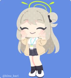  1girl ^_^ black_bow black_skirt black_socks blue_archive blue_background blush_stickers bow brown_jacket chibi chibi_only closed_eyes closed_mouth collared_shirt commentary_request full_body green_halo grey_hair hair_bow hair_bun halo hands_up id_card index_fingers_raised jacket kinubari_nerune lanyard long_hair long_sleeves no_lineart nonomi_(blue_archive) off_shoulder open_clothes open_jacket plaid_clothes plaid_skirt pleated_skirt shirt shoes simple_background skirt smile socks solo standing white_shoes 