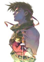  1boy absurdres battle_tendency brown_hair brown_shoes chair coat commentary_request diamond_wa_kudakenai dual_persona gloves green_shirt hand_on_cane hand_on_own_chest hat headband highres holding jojo_no_kimyou_na_bouken joseph_joestar joseph_joestar_(old) joseph_joestar_(young) long_sleeves looking_up male_focus multiple_boys pants profile red_coat rocking_chair shirt shoes short_sideburns sideburns simple_background sitting sleeveless sleeveless_shirt whistle_0324 white_background white_gloves white_pants 
