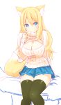  animal_ears aoi_(naomi) black_legwear blonde_hair blue_eyes breasts cleavage cleavage_cutout fox_ears fox_tail long_hair looking_at_viewer naomi_(sekai_no_hate_no_kissaten) open-chest_sweater original ribbed_sweater sitting sketch sweater tail thigh-highs turtleneck 
