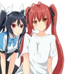  2girls antenna_hair black_hair blush brown_eyes collarbone hair_ribbon jpeg_artifacts leaning_forward long_hair looking_at_viewer maruki_(punchiki) multiple_girls ore_twintail_ni_narimasu red_eyes redhead ribbon simple_background t-shirt tail_red tsube_aika twintails white_background 