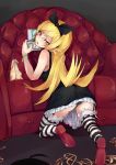  1girl ass bag bakemonogatari blonde_hair couch from_behind gothic_lolita lolita_fashion long_hair monogatari_(series) nintendo_ds oshino_shinobu striped striped_legwear yellow_eyes 