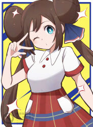  1girl aoneko4ao_(edwf7745) blue_eyes bright_pupils brown_hair closed_mouth collared_shirt commentary_request double_bun eyelashes hair_bun hair_ribbon hand_up long_hair one_eye_closed pokemon pokemon_bw2 pokestar_studios red_skirt ribbon rosa_(pokemon) shirt short_sleeves skirt solo sparkle twintails w watermark white_pupils white_shirt 