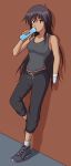  1girl amputee bandages bottle brown_eyes brown_hair dark_skin doodler drinking highres katawa_shoujo long_hair miura_miki pants shoes sneakers solo tank_top very_long_hair water_bottle 