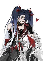  1boy absurdres black_gloves black_hair card commentary_request cosplay cowboy_shot earrings gloves hair_over_one_eye heart highres honkai:_star_rail honkai_(series) jewelry long_hair looking_at_viewer lv_zhu_xuan open_mouth playing_card sampo_koski simple_background solo sparkle_(honkai:_star_rail) sparkle_(honkai:_star_rail)_(cosplay) twintails white_background white_hair 