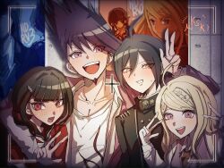  2boys 2girls ahoge akamatsu_kaede black_hair blonde_hair blush brown_eyes commentary danganronpa_(series) danganronpa_v3:_killing_harmony hair_between_eyes hair_ornament harukawa_maki highres jacket long_hair long_sleeves looking_at_viewer mmtkm_dnrn momota_kaito multiple_boys multiple_girls necktie open_mouth purple_hair red_eyes saihara_shuichi sailor school_uniform short_hair smile teeth twintails v violet_eyes 