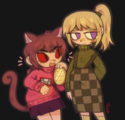  2girls animal_ears black_background black_eyes blonde_hair blue_eyes brown_hair brown_skirt cat_ears cat_girl cat_tail checkered_clothes checkered_skirt closed_mouth coin colored_sclera english_commentary expressionless fang green_sweater highres holding holding_coin jitome kemonomimi_mode long_skirt looking_at_another looking_to_the_side madotsuki multiple_girls open_mouth outer_glow pink_sweater pleated_skirt poniko purple_skirt red_sclera ruvale signature simple_background skirt smile socks suspender_skirt suspenders sweater tail thick_eyebrows toon_(style) turtleneck turtleneck_sweater white_socks yume_nikki 