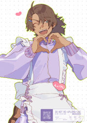  1boy ahoge alternate_costume apron black_hair commentary_request facial_hair frilled_apron frills goya_(xalbino) green_eyes hair_ornament hairclip heart heart_hands highres jersey_maid long_hair maid male_focus name_tag one_eye_closed open_mouth ponytail purple_track_suit raven_(tales) sandals smile solo stubble tales_of_(series) tales_of_vesperia teeth track_suit unconventional_maid upper_teeth_only white_apron 