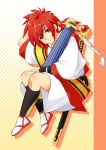  1boy blush deyezi hisame_shizumaru japanese_clothes male ponytail redhead samurai_spirits smile solo tabi weapon 