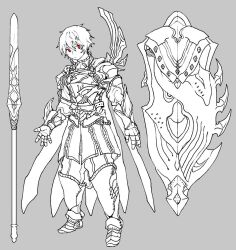  1boy armor chaos_galahad_(grimms_notes) closed_mouth full_body gauntlets greyscale grimms_notes hair_between_eyes looking_at_viewer male_focus monochrome pants pauldrons polearm red_eyes sabaton shield short_hair shoulder_armor solo spear spot_color standing striped_clothes striped_pants vertical-striped_clothes vertical-striped_pants weapon yako_(pzy) 