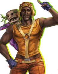  1boy beard beard_stubble contrast_suspenders dark-skinned_male dark_skin facial_hair ghost_rider_in_the_sky_(jojo) hat highres hunkalicious74 jojo_no_kimyou_na_bouken male_focus pocoloco spurs stand_(jojo) steel_ball_run stubble toned toned_male yellow_hat 