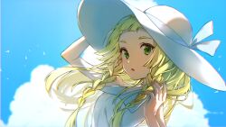  1girl :o arm_up blonde_hair braid clouds collared_dress commentary_request day dress fingernails green_eyes hand_up harutao_(mecz5525) hat lillie_(pokemon) long_hair outdoors pokemon pokemon_sm sky solo sun_hat twin_braids upper_body white_dress white_hat 