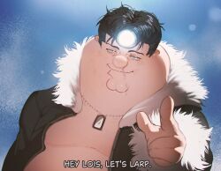  1boy absurdres black_hair black_jacket blue_eyes closed_mouth family_guy fat fur-trimmed_jacket fur_trim highres ishigori_ryu jacket jewelry jujutsu_kaisen kowai_(iamkowai) large_nose long_hair necklace peter_griffin simple_background 