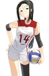  1girl 6fw8liifjf73978 ball black_eyes black_hair commentary_request highres mole mole_above_eye red_pupils shorts smile smug sportswear synthesizer_v tank_top volleyball_(object) volleyball_uniform white_shorts yi_xi_(synthesizer_v) 