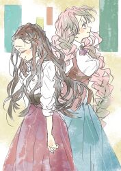  2girls back-to-back black_hair blue_skirt blush braid breasts closed_eyes closed_mouth commentary_request cowboy_shot green_hair hair_ribbon highres kamado_nezuko kanroji_mitsuri kihara4321 kimetsu_no_yaiba large_breasts long_hair looking_up medium_breasts mole mole_under_eye multicolored_hair multiple_braids multiple_girls neck_ribbon parted_bangs pink_hair red_ribbon red_skirt ribbon shirt skirt smile two-tone_hair underbust white_shirt 