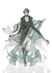  1boy absurdres alternate_costume belt black_belt black_boots black_coat black_hair black_hanfu black_robe blue_eyes boots bronze chain chinese_clothes chinese_commentary cleavage_cutout clothing_cutout coat commentary_request feather-trimmed_coat feather_trim full_body hair_between_eyes hanfu highres holding holding_chain ju_hua_wu_huafei kidoumaru_(onmyoji) lapel_pin lapels long_sleeves looking_at_viewer male_focus mole mole_under_mouth monocle mullet onmyoji onmyoji_arena open_clothes open_coat open_hand pankou pants pants_tucked_in parted_lips robe shadow short_hair simple_background sleeveless sleeveless_coat smile solo standing statue straight-on thigh_strap two-sided_coat two-sided_fabric v-shaped_eyebrows white_background white_pants white_robe wide_sleeves yaopei 