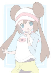  1girl black_pantyhose blue_background blue_eyes border brown_hair commentary_request donut_hair_bun double_bun hair_bun highres long_hair pantyhose pantyhose_under_shorts pokemon pokemon_bw2 raglan_sleeves rosa_(pokemon) shisa-tsukishima shorts solo twintails visor_cap white_border yellow_shorts 