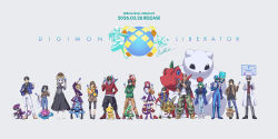 1other 6+boys 6+girls absurdres agumon altea bare_shoulders bemmon bird black_dress black_hair blonde_hair blue_hair brown_eyes brown_hair camouflage camouflage_pants closed_eyes coat commentary_request cool_boy_(digimon) copyright_name d-storage dark-skinned_male dark_skin digimon digimon_(creature) digimon_card_game digimon_liberator dinosaur dragon dress drill_hair elizamon espimon everyone full_body funbeemon ghostmon green_jacket grey_hair group_picture hanimon hat helmet highres holographic_interface impmon jacket kazama_shoto kazuki_seihou kazuki_suzune kinosaki_arisa kinosaki_mirai lab_coat lizard_tail long_hair maquinamon muchomon multicolored_hair multiple_boys multiple_girls omekamon one_eye_closed open_mouth orange_eyes pants pink_hair pteromon purple_hair red_hat red_jacket release_celebration ryutaro_williams sangomon shoemon short_hair signature snowman streaked_hair sunarizamon sunglasses tail thank_you trading_card twin_drills two-tone_hair tyranomon unchained_(digimon) violet_eyes violet_inboots white_background white_coat winr yao_qinglan yukidarumon yuuki_(digimon) zenith_(digimon)