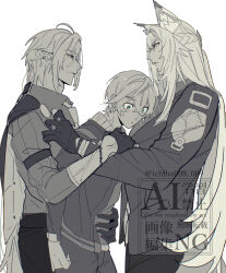 3boys animal_ear_fluff animal_ears black_gloves black_jacket black_pants boy_sandwich cat_boy cat_ears cat_tail closed_mouth commentary_request crossed_bangs ear_piercing gloves green_eyes greyscale hair_between_eyes half-closed_eyes half_gloves hand_on_another's_arm hand_on_another's_stomach highres hugo_vlad itiha008 jacket long_hair male_focus monochrome multiple_boys pants piercing pointy_ears police_badge sandwiched severian_lowell short_hair simple_background spot_color stare_down sweat tail veins veiny_arms white_background wise_(zenless_zone_zero) yaoi zenless_zone_zero