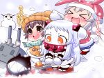  &gt;_&lt; 3girls :d acorn ahoge brown_eyes brown_hair cameo dress hat horns jewelry kantai_collection long_hair mittens multiple_girls nagato_(kantai_collection) northern_ocean_hime open_mouth orange_eyes pendant rensouhou-chan riding sako_(bosscoffee) scarf shimakaze_(kantai_collection) short_hair silver_hair smile snowboard snowman torpedo translation_request white_dress white_hair white_skin winter_clothes winter_coat xd yukikaze_(kantai_collection) 