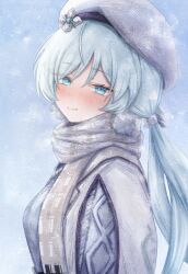  1girl absurdres aran_sweater arms_at_sides beanie black_survival blue_background blue_eyes blue_hair blue_sky blue_theme blush bow breasts brown_scarf cable_knit canvas_texture closed_mouth commentary_request elena_jarvinen eternal_return:_black_survival eyes_visible_through_hair from_side grey_hat grey_scarf grey_sweater hair_between_eyes hair_bow hat highres koi_wa_itsumo korean_commentary looking_at_viewer low_ponytail nose_blush outdoors plaid_clothes plaid_scarf pom_pom_(clothes) ponytail scarf simple_background sky small_breasts smile snowing solo sweater tsurime turning_head two-tone_scarf upper_body white_bow 