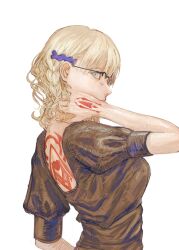  1girl absurdres back_cutout black_dress blonde_hair blue_eyes chinese_commentary clothing_cutout command_spell commentary_request dress fate/strange_fake fate_(series) hand_on_own_neck highres kannaphthalene looking_at_viewer profile sajou_ayaka_(fate/strange_fake) short_hair short_sleeves sideways_glance simple_background solo upper_body white_background 