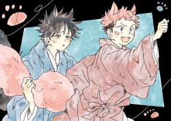  2boys animal_ears black_border black_hair blue_background blue_kimono border cowboy_shot facial_mark fang fox_boy fox_ears fox_tail furrowed_brow fushiguro_megumi grabbing_another's_tail hair_between_eyes itadori_yuuji japanese_clothes jujutsu_kaisen kemonomimi_mode kihara4321 kimono male_focus multicolored_hair multiple_boys open_mouth parted_lips paw_print pink_hair pink_kimono short_hair smile spiky_hair sweatdrop tail two-tone_hair 