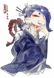  1girl baydee blue_hair blue_kimono commentary ear_piercing eyeshadow full_body grin highres japanese_clothes kimono looking_at_viewer makeup octoling piercing red_eyes red_eyeshadow shiver_(splatoon) smile solo splatoon_(series) splatoon_3 squatting tentacle_hair 