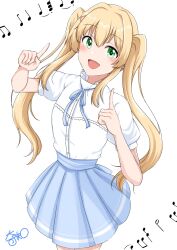  1girl :d alt_text blonde_hair blue_ribbon blue_skirt blush commentary_request cowboy_shot green_eyes hair_between_eyes hair_intakes hair_ornament hands_up happy high-waist_skirt highres index_fingers_raised kirsiri_tooru_(kishiri10oru) long_hair looking_at_viewer musical_note neck_ribbon official_alternate_costume open_mouth pleated_skirt puffy_short_sleeves puffy_sleeves ribbon shirt short_sleeves sidelocks signature simple_background skirt smile solo summer_pockets tareme tsumugi_wenders twintails very_long_hair white_background white_shirt x_hair_ornament 