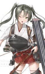  1girl absurdres arrow_(projectile) black_thighhighs bow_(weapon) brown_gloves commentary_request cowboy_shot flight_deck gloves green_eyes grey_hair hair_ribbon hakama hakama_short_skirt hakama_skirt highres holding holding_bow_(weapon) holding_weapon japanese_clothes kantai_collection kimono leaning_forward long_hair muneate one_eye_closed partially_fingerless_gloves quiver red_hakama ribbon shushan simple_background single_glove skirt solo thigh-highs tongue tongue_out twintails weapon white_background white_kimono white_ribbon yugake zuikaku_(kancolle) 