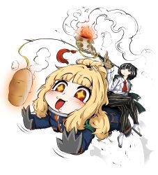  +_+ 2girls all_fours ascot black_hair blonde_hair bread carrot_on_stick commentary_request crossed_legs ezra_(project_moon) food gloves grey_eyes highres holding holding_smoking_pipe jacket jacket_on_shoulders jungeorl korean_commentary limbus_company loaf_of_bread moses_(project_moon) multicolored_hair multiple_girls open_mouth pants ponytail project_moon prosthesis prosthetic_arm red_ascot red_eyes riding_person saliva shirt smoke smoking_pipe sparkling_eyes striped_clothes striped_pants the_distortion_detective vertical-striped_clothes vertical-striped_pants white_hair white_shirt 