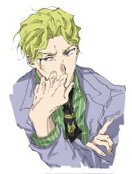  1boy blonde_hair collared_shirt commentary covering_own_mouth cropped_torso crossed_arms diamond_wa_kudakenai gagaga_g_4 hand_on_own_arm hand_up highres jacket jojo_no_kimyou_na_bouken kira_yoshikage long_sleeves looking_to_the_side male_focus necktie parted_bangs shirt short_hair solo striped_clothes striped_shirt untranslatable_commentary vertical-striped_clothes vertical-striped_shirt violet_eyes 