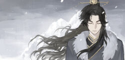  1boy black_hair black_hanfu chinese_clothes closed_eyes grey_background hanfu highres long_hair male_focus niao_tuo_bang_fantuan original solo 