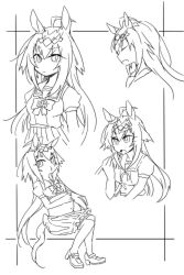  1girl :t ahoge animal_ears beer_hsk belly breasts closed_eyes closed_mouth commentary_request greyscale hair_between_eyes highres horse_ears horse_girl horse_tail long_hair medium_breasts monochrome multicolored_hair multiple_views navel oguri_cap_(umamusume) open_mouth pleated_skirt school_uniform shirt shoes skirt tail thigh-highs tracen_school_uniform two-tone_hair umamusume v-shaped_eyebrows very_long_hair white_background 