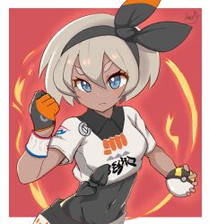  1girl bea_(pokemon) black_hairband blue_eyes blush border breasts clenched_hand closed_mouth commentary_request covered_abs covered_navel dark-skinned_female dark_skin dynamax_band eyelashes gloves grey_hair hair_between_eyes hairband holding holding_poke_ball kaito_(kaito921125) poke_ball pokemon pokemon_swsh red_background shirt short_hair short_sleeves signature single_glove small_breasts solo split_mouth thick_eyebrows ultra_ball upper_body white_border white_shirt 