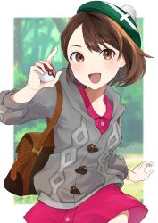 1girl :d backpack bag brown_bag brown_eyes brown_hair buttons cardigan collared_dress commentary_request dress gloria_(pokemon) green_hat grey_cardigan hand_up happy harutao_(mecz5525) hat highres holding holding_poke_ball hood hooded_cardigan looking_at_viewer open_mouth pink_dress poke_ball poke_ball_(basic) pokemon pokemon_swsh short_hair smile solo tam_o'_shanter 