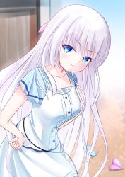  1girl :3 absurdres blue_eyes blunt_ends blush braid breasts center_frills clenched_hand closed_mouth collarbone commentary cowboy_shot day doyagao eyes_visible_through_hair frilled_shirt frilled_skirt frills hair_between_eyes hair_ribbon hand_on_own_hip highres long_hair looking_at_viewer medium_breasts miraikanai naruse_shiroha outdoors paper_airplane pink_ribbon ribbon ringed_eyes shirt short_sleeves sidelocks single_braid skirt smile smug solo straight_hair summer_pockets tareme v-shaped_eyebrows very_long_hair white_hair white_shirt white_skirt 