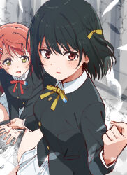  2girls black_hair black_jacket blush breasts bruise bruise_on_face commentary_request green_eyes hair_ornament hair_ribbon hairclip injury jacket long_sleeves looking_at_viewer love_live! love_live!_nijigasaki_high_school_idol_club medium_breasts medium_hair mifune_shioriko miniskirt multiple_girls neck_ribbon nijigasaki_school_uniform on_floor open_mouth orange_hair parallel_hairclips pleated_skirt protecting red_eyes red_ribbon ribbon school_uniform shirt skirt skt_(ryxxxxx) uehara_ayumu v-shaped_eyebrows white_shirt white_skirt yellow_ribbon 