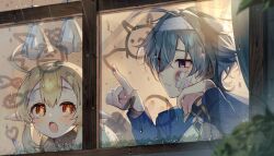  +_+ 1boy 1girl bandaged_head bandages blonde_hair blue_hair blurry blurry_foreground blush bruise bruise_on_face child's_drawing commentary_request condensation from_outside gauze gauze_on_cheek genshin_impact glass_writing hair_between_eyes head_rest heart highres injury klee_(genshin_impact) lohen_(genshin_impact) long_sleeves mt_gnsn open_mouth pointy_ears rain red_eyes teruterubouzu upper_body window 
