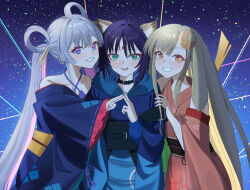  3girls animal_ears black_choker blue_eyes blue_hair blue_hoodie blue_kimono blue_nails cho_kaguya-hime! choker clothing_cutout collarbone colored_inner_hair commentary crescent crescent_hair_ornament fox_ears fox_girl green_eyes hair_ornament hair_rings hair_stick highres hood hood_down hoodie japanese_clothes kaguya_(cho_kaguya-hime!) kimono long_hair looking_at_viewer medium_hair multicolored_hair multiple_girls nail_polish off_shoulder open_mouth pink_hair pink_nails rabbit_ears rabbit_girl red_kimono runami_yachiyo sakayori_iroha shimako_noru shoulder_cutout star_(sky) starry_sky_background steepled_fingers twintails violet_eyes white_hair 