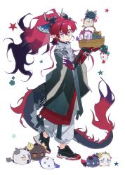  1boy :3 arknights basket bead_bracelet beads black_hair black_shoes bracelet chongyue_(arknights) closed_eyes coat colored_extremities commentary dragon_bean_(arknights) dragon_boy dragon_horns dragon_tail drooling dusk_(arknights) full_body green_eyes grey_coat grey_eyes grey_hair heterochromia highres holding holding_basket horns jewelry ji_(arknights) jie_(arknights) jun_(arknights) ling_(arknights) male_focus multicolored_eyes multicolored_hair nian_(arknights) pants red_eyes red_hair red_hands shoes shu_(arknights) simple_background sneakers solo_focus star_(symbol) tail thick_eyebrows twle two-tone_eyes two-tone_hair untranslatable_commentary violet_eyes wang_(arknights) white_background white_pants wicker_basket yellow_eyes yi_(arknights) yu_(arknights) 