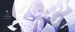  1girl absurdres ahoge akamatsu_kaede birthday blonde_hair commentary danganronpa_(series) danganronpa_v3:_killing_harmony hair_ornament happy_birthday highres long_hair long_sleeves musical_note musical_note_hair_ornament musical_note_print necktie open_mouth orange_necktie pink_sweater_vest pink_vest red_eyes sheet_music shirt sweater_vest untranslatable_commentary vest white_shirt zundokodokodoko 