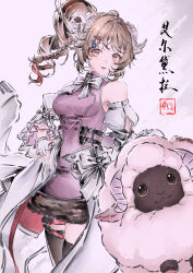  1girl absurdres ahoge animal animal_ears ardelia_(arknights) arknights arknights:_endfield bare_shoulders black_thighhighs bow bowtie braid brown_hair chinese_commentary commentary_request curled_horns dolly_(arknights) dress eyjafjalla_(arknights) fingerless_gloves fingernails gloves goyanajou grey_background grey_bow grey_bowtie grey_gloves grey_horns hair_ornament hairclip highres horns light_smile looking_at_viewer medium_hair parted_lips pink_dress red_eyes seal_impression sheep sheep_ears sheep_girl sheep_horns side_ponytail sleeveless sleeveless_dress solo standing thigh-highs 