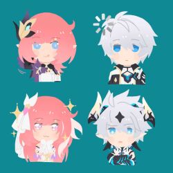  1boy 1girl blue_background chinese_commentary commentary_request demon_boy demon_horns elf elysia_(herrscher_of_human:_ego)_(honkai_impact) elysia_(honkai_impact) elysia_(miss_pink_elf)_(honkai_impact) hair_ornament highres honkai_(series) honkai_impact_3rd horns kevin_kaslana kevin_kaslana_(diabolic) loading_icon long_hair multiple_views pink_hair pointy_ears short_hair star_(zhongyan88528) very_long_hair white_hair 