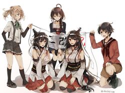  5girls banner black_hair brown_eyes brown_hair chibirisu collared_shirt fusou_(kantai_collection) hachimaki hair_ornament headband japanese_clothes kantai_collection michishio_(kantai_collection) mogami_(kantai_collection) multiple_girls nontraditional_miko red_eyes school_uniform serafuku shigure_(kantai_collection) short_pants smile yamashiro_(kantai_collection) 