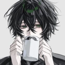  1boy aegyo_sal averting_eyes black_hair black_shirt close-up commentary covered_mouth crossed_bangs cup degrees_of_lewdity facial_hair fake_facial_hair fake_mustache gei_buliao_ni_yao_de_chengnuo green_eyes hair_between_eyes highres holding holding_cup kylar_(degrees_of_lewdity) kylar_(male)_(degrees_of_lewdity) male_focus meme messy_hair mug mustache portrait shirt short_hair simple_background solo white_background 