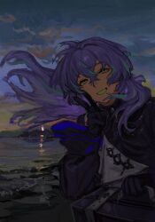  1boy beach black_gloves blue_hair briefcase clouds commentary_request crossed_bangs dark gloves grin hair_between_eyes highres holding holding_briefcase hoshirube_sho hoshirube_sho_(1st_costume) island long_hair long_sleeves looking_at_viewer male_focus multicolored_hair night nijisanji ocean outdoors purple_hair sky smile solo suzuri_2449 upper_body v virtual_youtuber water wind 