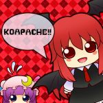  2girls :d argyle argyle_background bat_wings blush_stickers chibi crescent dress_shirt flying_sweatdrops hair_between_eyes head_wings koakuma long_hair long_sleeves looking_at_viewer mob_cap multiple_girls necktie open_mouth patchouli_knowledge plaid red redhead shirt skirt skirt_set smile soramame1110 speech_bubble touhou vest violet_eyes wings 