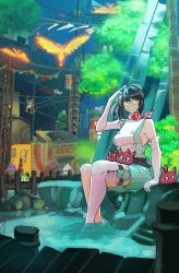 airdramon bandana bandana_around_neck bare_shoulders belt betamon birdramon black_belt black_hair cityscape clockmon digimon digimon_(creature) digimon_story:_time_stranger dorimon dress elbow_gloves etemon funbeemon gloves goggles goggles_on_head green_dress green_hat guardromon hat highres house lalamon mushmon no_shoes on_ground pagumon pier pouch punimon red_scarf scarf short_hair single_bare_foot single_thighhigh sitting sitting_on_person sitting_on_thigh sleeveless sleeveless_dress strawbellie_666 sunflowmon tanemon thigh-highs thigh_pouch thigh_strap togemon traffic_cone tree two-tone_dress unimon water white_dress white_gloves white_thighhighs yuuki_kanan 