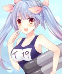  1girl :d bare_shoulders blue_hair blush breasts bust finger_to_cheek hair_ornament hair_ribbon i-19_(kantai_collection) kantai_collection looking_at_viewer monmonkun name_tag open_mouth red_eyes ribbon school_swimsuit smile solo swimsuit torpedo tri_tails 